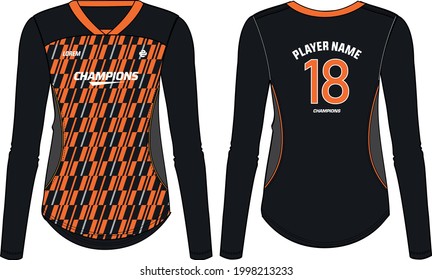 Women Long Sleeve Sports Jersey t-shirt design concept Illustration suitable for girls and Ladies for Volleyball jersey, Football, badminton, Soccer, netball and tennis, Sport uniform kit for sports