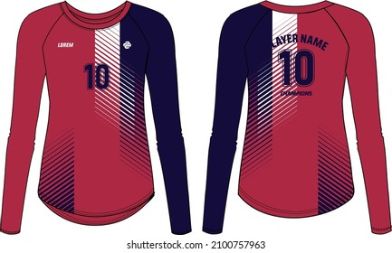 women Long Sleeve Sports Jersey t-shirt flat sketch design Illustration suitable for girls and Ladies for Volleyball jersey, Football, Soccer, netball and tennis, Abstract printed Sport uniform kit