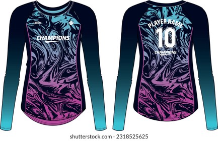 women Long Sleeve Sports Jersey t-shirt design concept Illustration suitable for girls and Ladies for Volleyball jersey, Football, Soccer, netball and tennis, marble skull pattern Sport uniform kit