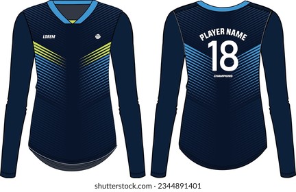 Women Long Sleeve Sports Jersey concepto de diseño de camisetas Ilustración adecuada para niñas y damas para camisetas de voleibol, fútbol, bádminton, fútbol, netball y tenis, Kit de uniformes deportivos