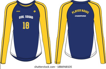 Women Long Sleeve Sports t-shirt Jersey design concept Illustration Vector suitable for girls and Ladies for Volleyball, Soccer, netball, Football, tennis, badminton jersey. Sport uniform kit