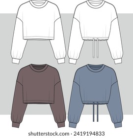 Mujeres mangas largas Cortar sudadera moda patrón de sketch plano. Ilustración De Moda Técnica Femenina. hoodie, juego de dibujo de sudaderas.