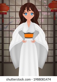 Women in a long white silk kimono, summer kimono, silk home clothes, bridesmaid wedding robes, natural robe. Cartoon style. Vector 