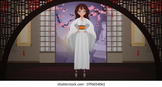 Women in a long white silk kimono, summer kimono, silk home clothes, bridesmaid wedding robes, natural robe. Cartoon style. 