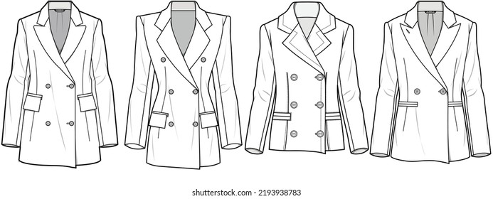 Blazer Longline para Mujeres, Doble Bombilla De Pecho Establece Ilustración De Moda, Vector, CAD, Dibujo Técnico, Plano, Plantilla, Mockup.	