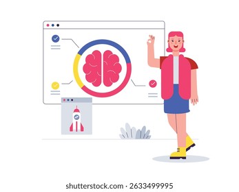 Women look at the board, observing the process of brain inspiration using the advanced technology machine. Design character. Vector flat illustration