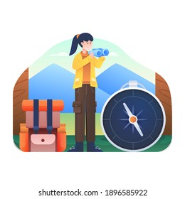 Women look for destinations with binoculars and compass