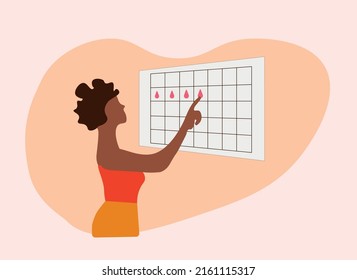 Women Looking At Calendar Vector. Black Young Female Checking The Menstrual Period Calendar