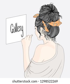 Women are looking at paintings in the Gallery Room Museum.She likes art a lot in personal life.Doodle art concept,illustration painting