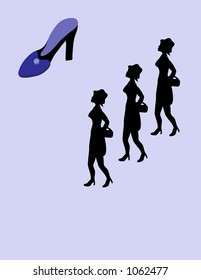 Women looking at shoe, over purple background.