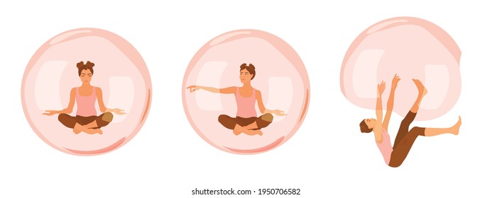 Women losing balance set. Girl sitting, meditating in a soap bubble, pops the bubble and falling out. stress, depression, mental health problems. Psychologist metaphor. Escaping from reality. Ruin