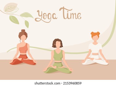 Women in the lotus position. Yoga time. Cartoon design,
