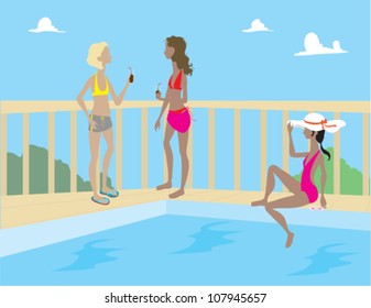 Women Lounging by Pool