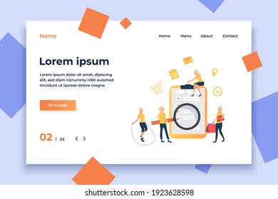 Women with loupe, skipping rope and bags standing at check list. Browser, search, application. Online service concept. Vector illustration can be used for topics like business, internet, service