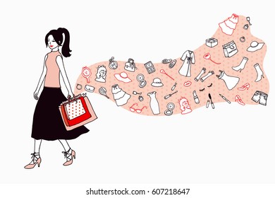 Women Love Fashion and Beauty Go Shopping illustration.Isolated Background Vector.
