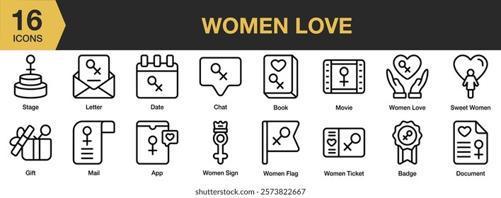 Women Love icon set. Includes love, woman, celebration, mother, heart, beautiful, and More. Outline icons vector collection.