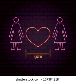 Сouple of women in love. LGBT. Please keep your distance. Neon illustration. Happy Valentine's Day. Stop the coronavirus.