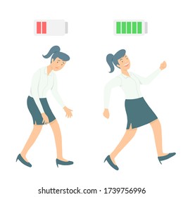 Women With Low Battery Red Color And Women With High Full Level Energy Battery Green. Vector Illustration Of A Flat Design.