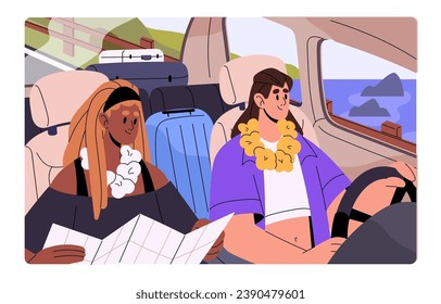 Women with luggage drive by car to travel holiday. Driver holds steering wheel, passenger navigates, looking route by map. People inside automobile ride to sea together. Flat vector illustration
