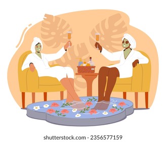 Women Luxuriates In A Tranquil Spa Salon, Enveloped In Soothing Scents And Gentle Music, Applying Foot Bath and Drinking Wine, Indulging In Rejuvenating Treatments. Cartoon People Vector Illustration