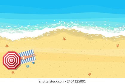 women lying on beach and sunbathing with summer accessories and sea surf near them