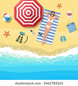 women lying on beach and sunbathing with summer accessories and sea surf near them. Vector illustration in flat style