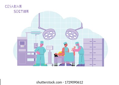 Women lying on operating table after caesarean section and doctor holding newborn baby flat vector illustration