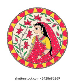 women madhubani art , beautiful madhubani women painting on white background , for print on demand cushion , mugs stationaries , wall plates