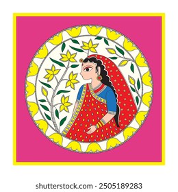 women madhubani art , beautiful madhubani women painting on white background , for print on demand cushion , mugs stationaries , wall plates