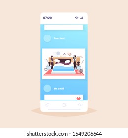 women maids setting up pillows making the bed female janitors in uniform cleaning service concept modern hotel bedroom smartphone screen online mobile app full length sketch vector illustration
