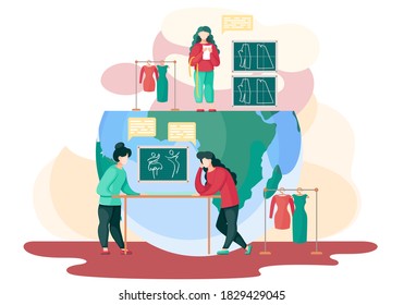 Women make different clothes using red textile. Two women discussing the model of a new garment. A girl standing on the planet and looking at the measurements. Garment manufactory vector illustration