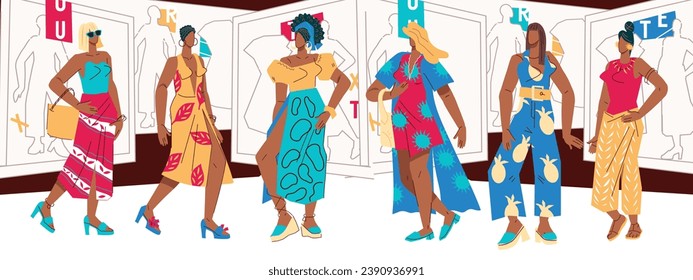 Women make fashion shopping flat vector illustration isolated on white background. Fashionable female characters for promotional sale materials, flat vector illustration isolated on white background.