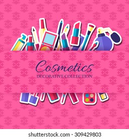 Women makeup cosmetics elements on pink background poster in sticker style design. Vector illustration template card concept  svg