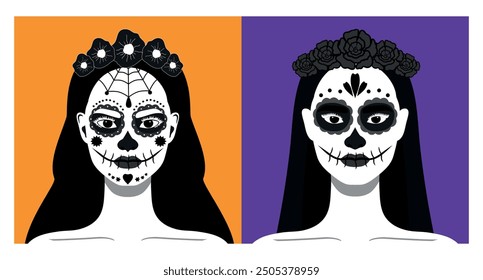 Women with a makeup of sugar skull. Females with sugar skull makeup set. Monochrome. Day of the Dead. Dia de los Muertos