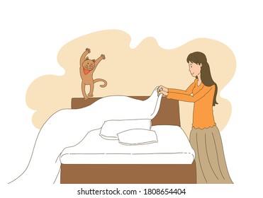 Women Making Bed With Clean Bed Linen And Cat Jumping On Bed, New Normal Concept And Laundry Concept, Flat Vector Design