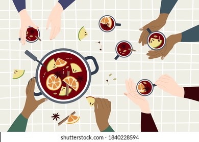 Women making christmas mulled red wine with citrus, apple, cinnamon, clove, cardamom, anise. Flat lay. Winter hot drink, traditional xmas beverage. New Year celebration preparation. Vector cartoon art