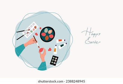 Women making dyed eggs, Easter celebration preparation. Tradition of painting decorating eggs. Vector cartoon flat illustration.