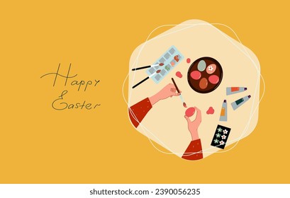 Mujeres haciendo huevos teñidos, preparación para la celebración de Pascua. Tradición de pintura decorando huevos. Ilustración plana de dibujos animados.