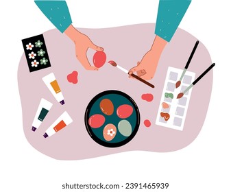 Women making dyed eggs, Easter celebration preparation. Tradition of painting decorating eggs. Vector cartoon flat illustration.