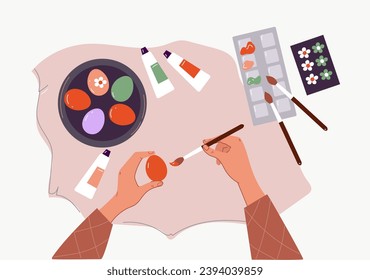 Women making dyed eggs, Easter celebration preparation. Tradition of painting decorating eggs. Vector cartoon flat illustration.