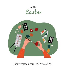 Women making dyed eggs, Easter celebration preparation. Tradition of painting decorating eggs. Vector cartoon flat illustration.