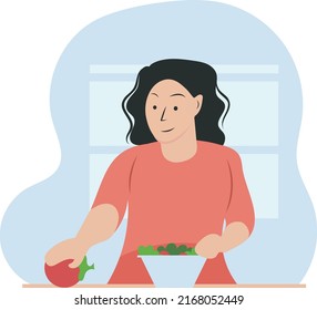 Women making healthy salad dinner.  Vector illustration. Girl grabbing tomato lettuce for healthy diet. Nutrition clean lifestyle concept. Vegan Vegetarian happy cooking at home cute female character.