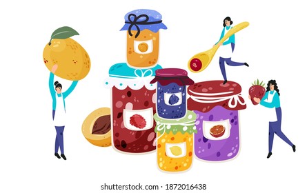 Women making jelly cartoon illustration. Characters cooking jam hand drawn doodle banner design. Preserving goods, confiture, marmalade printing card. 