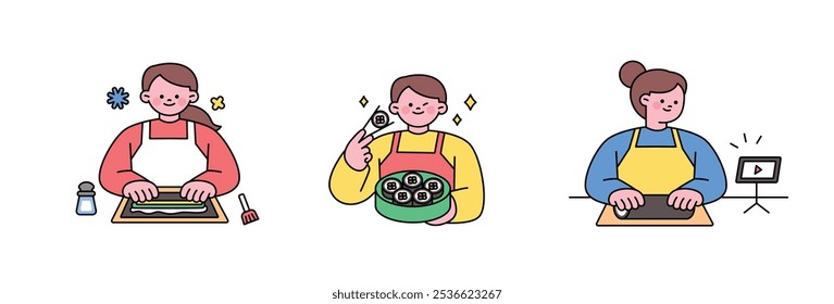 Las mujeres están haciendo kimbap mientras ven videos en línea. Comida coreana. esbozo simple Ilustración vectorial.