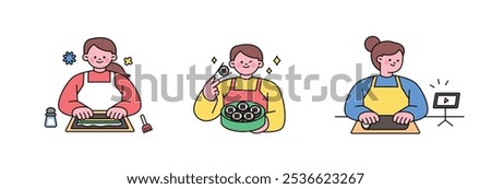 Women are making kimbap while watching videos online. Korean food. outline simple vector illustration.