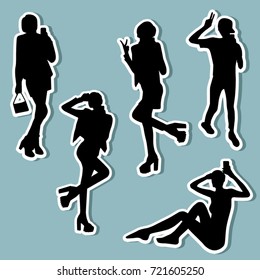 Women making selfie black silhouettes set. Sticker collection.