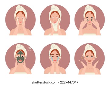 Women making skin care step-by-step. Lady takes care of her face using beauty products. Vector flat cartoon minimalistic illustration. 