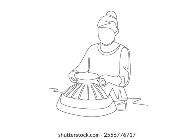 Women making woven items for decoration. DIY decorations concept one-line drawing