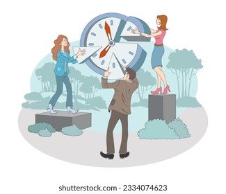 Women and male holding clock and share time among themselves. Time management illustration with cartoon character doing job on time. Flat vector illustration in blue colors in cartoon style
