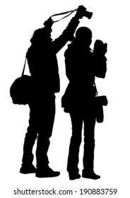 Women and man with a camera on white background